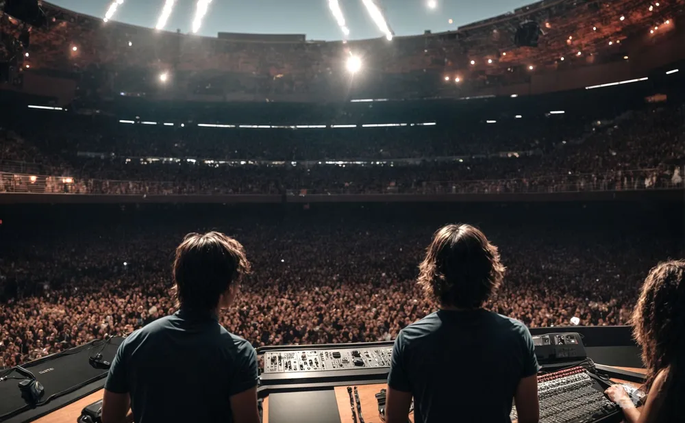 Two DJs stand with their backs to the camera, facing a massive stadium crowd.