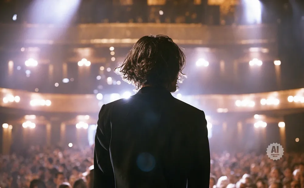 Person in a suit facing a large audience under spotlights.