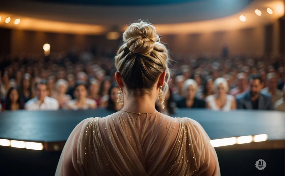 Woman in elegant dress with hair in a bun stands on stage before an audience.