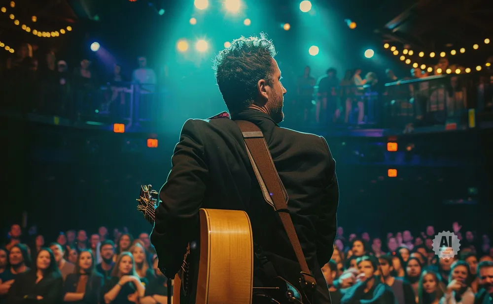 Guitarist on stage with a crowd watching, bathed in blue and yellow stage lights.