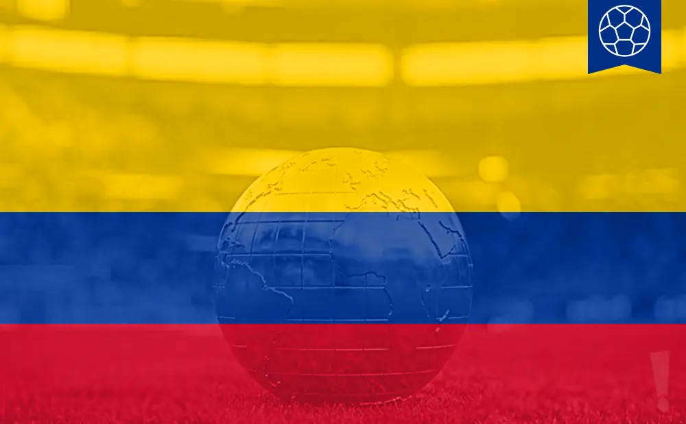 A globe with the Colombian flag draped over it, with a soccer ball icon in the top right corner.