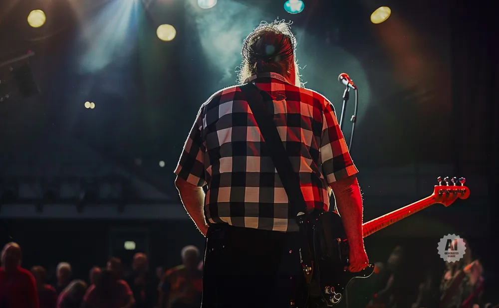 Musician in a checkered shirt plays guitar on stage with crowd in the background.