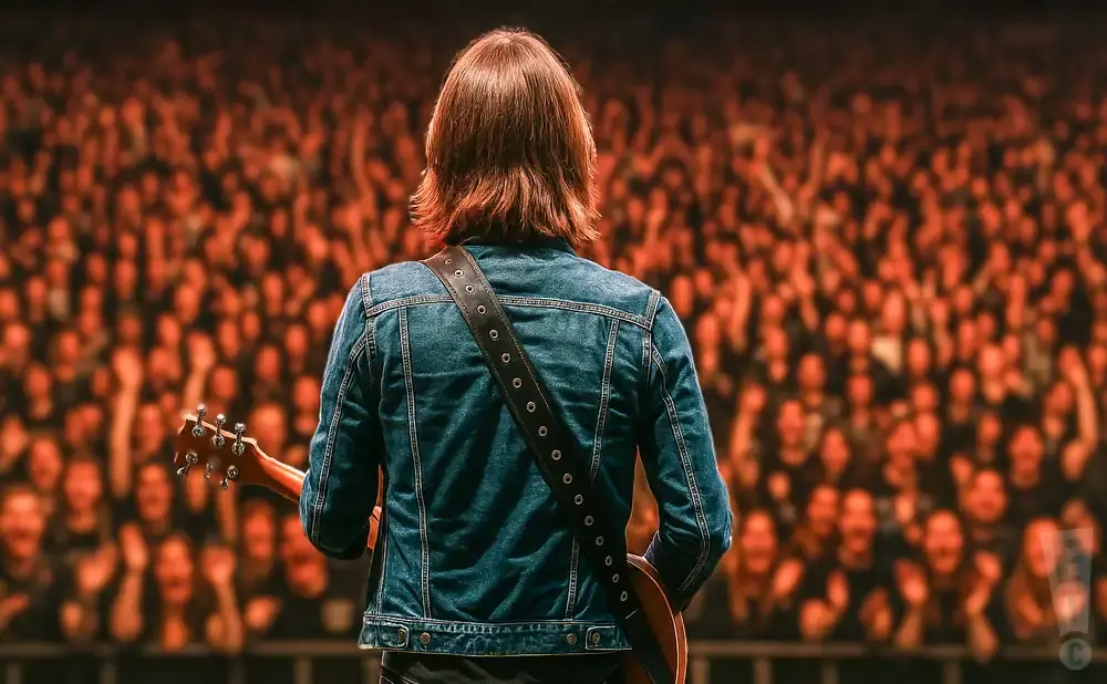 Musician with guitar on stage facing a cheering, orange-lit crowd.