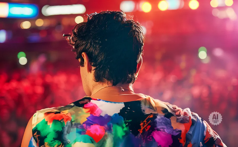 Rear view of a person in a colorful floral shirt on stage with a crowd in the background.