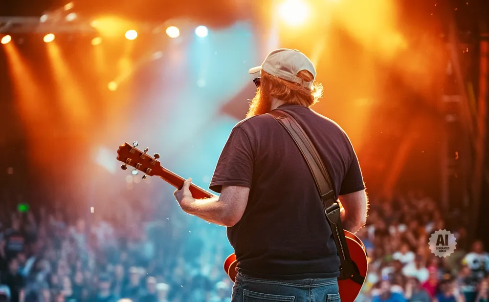 A red-bearded guitarist with a baseball cap plays a guitar on stage with a cheering audience and bright lights.