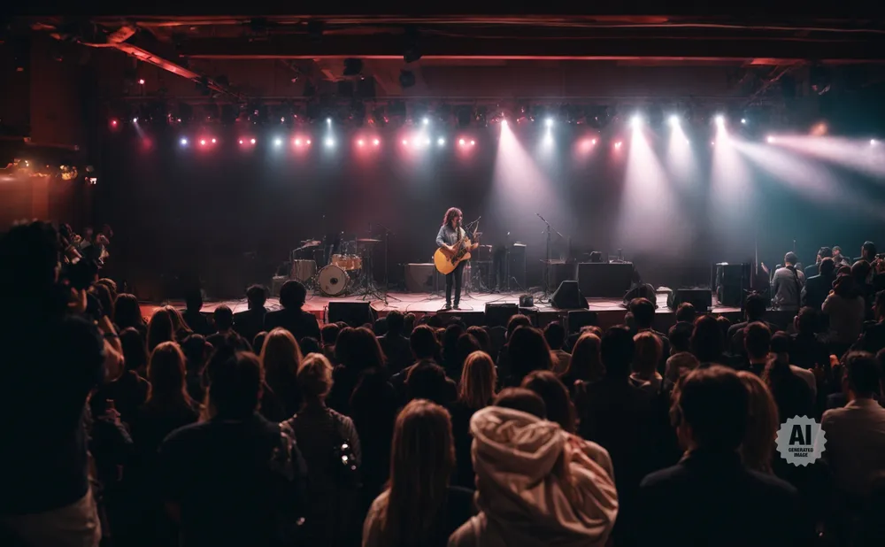 A musician plays guitar on stage at a concert venue, with an audience in the foreground.
