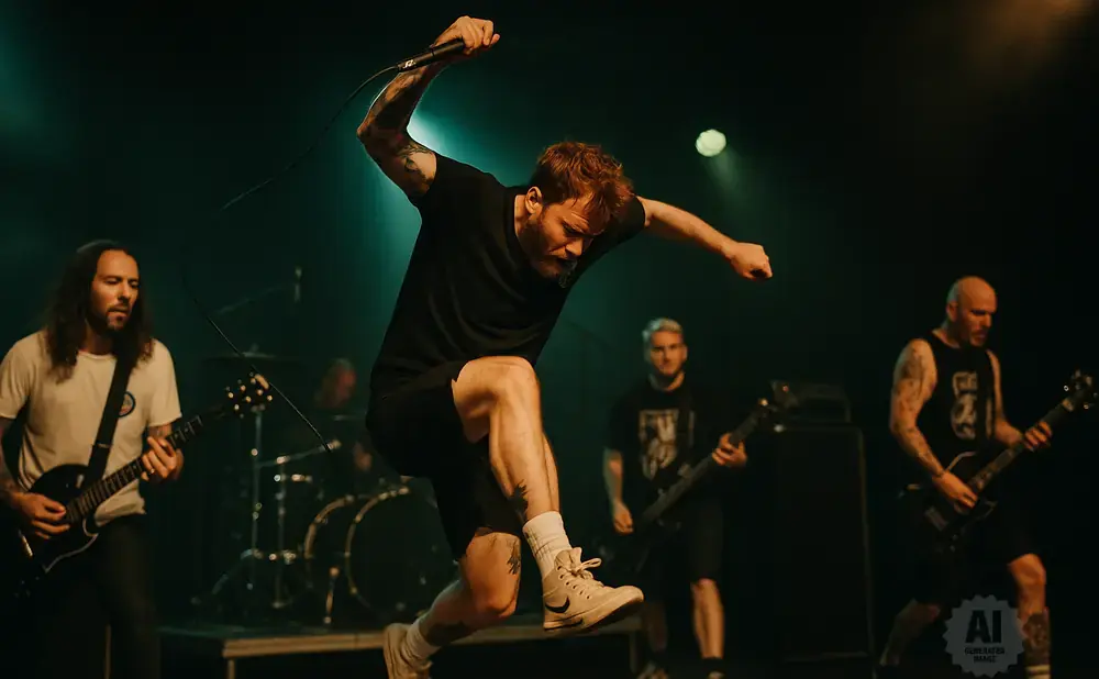 Singer leaps mid-song on stage with bandmates playing guitar and drums behind him.