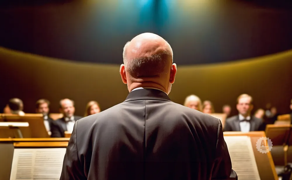 A conductor stands with his back to the camera, facing a blurred orchestra in a concert hall.