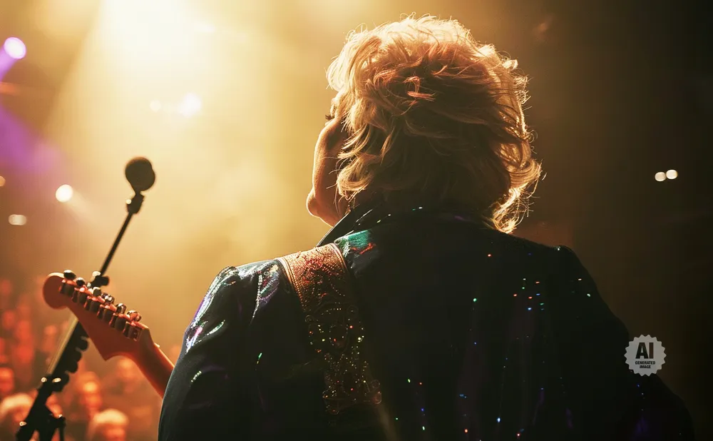 Back of a woman with blonde hair playing a guitar on stage, bathed in bright stage lights.