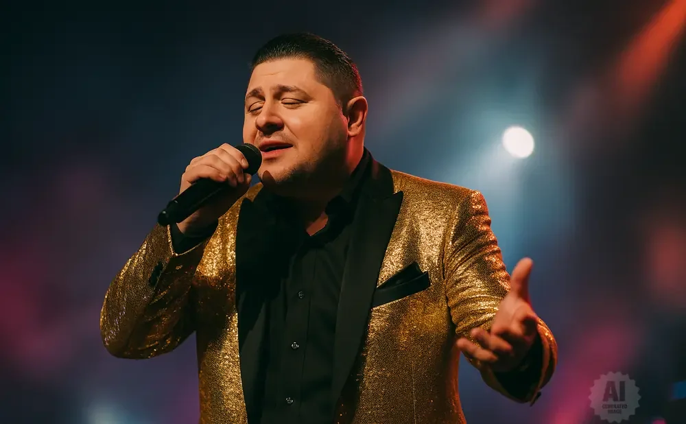 A man in a gold sequined jacket sings into a microphone on a stage with colored lights.