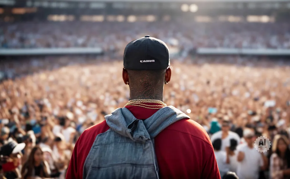 Back view of a man in a red shirt and backpack facing a large, blurred crowd at a stadium.