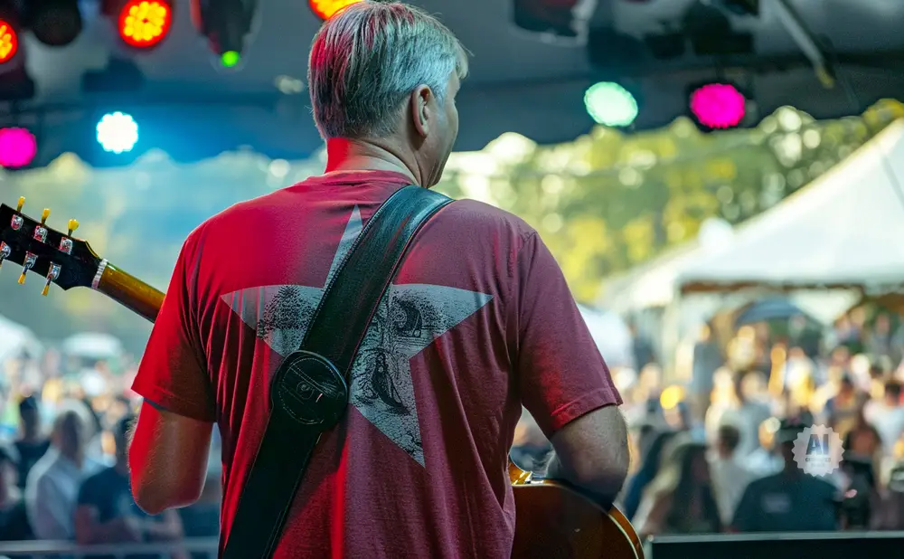 A guitarist on stage plays for a crowd, wearing a red shirt with a white star graphic.