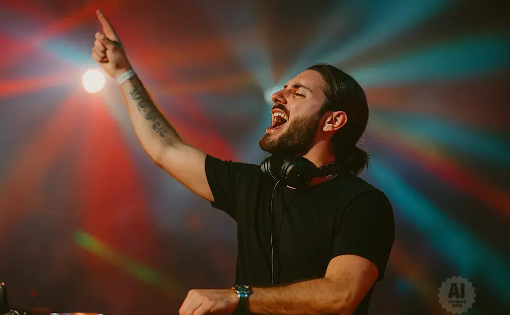 DJ with headphones on and arm raised, silhouetted against colorful stage lights.