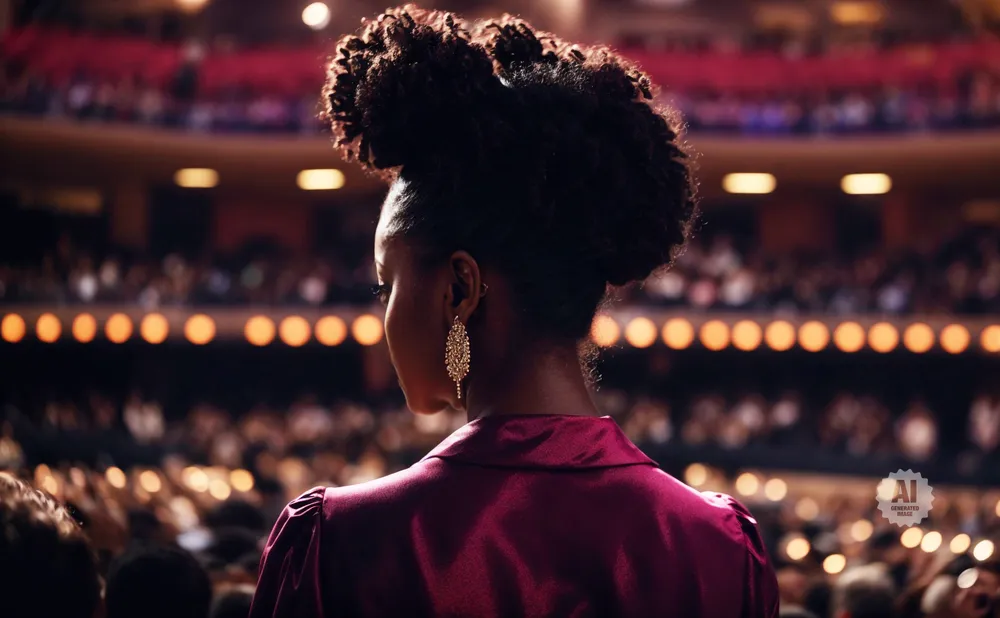 Woman with an updo and large earrings in a purple satin shirt looks out at a blurred audience.