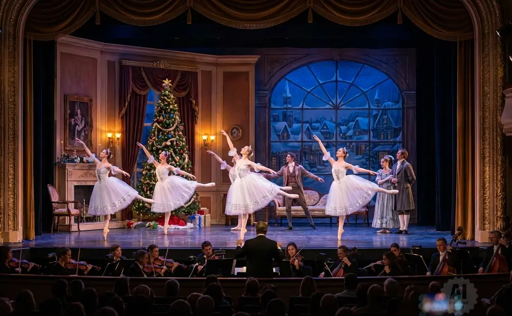 Ballerinas in white tutus dance on a stage with a Christmas tree and a snowy window backdrop, while an orchestra plays in the foreground.