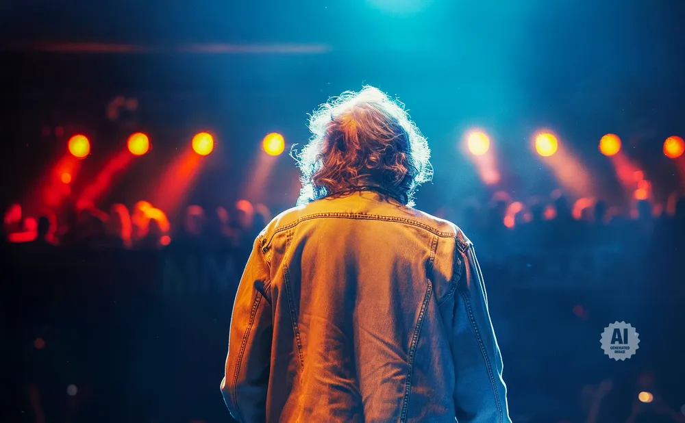 A person in a denim jacket faces away from the camera, bathed in blue and orange stage lights, with a crowd in the background.