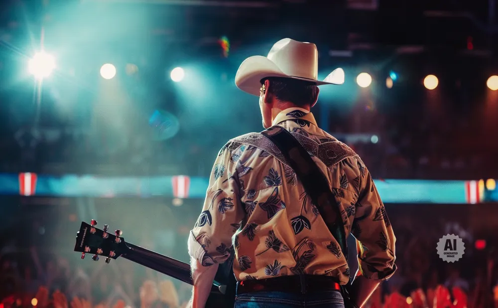 Man in cowboy hat and patterned shirt plays guitar on stage with bright lights and an audience.