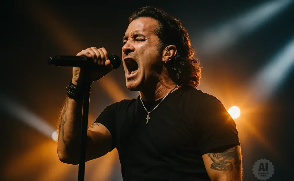 A male singer with tattoos on his arms belts into a microphone on a stage with bright orange and white lights.