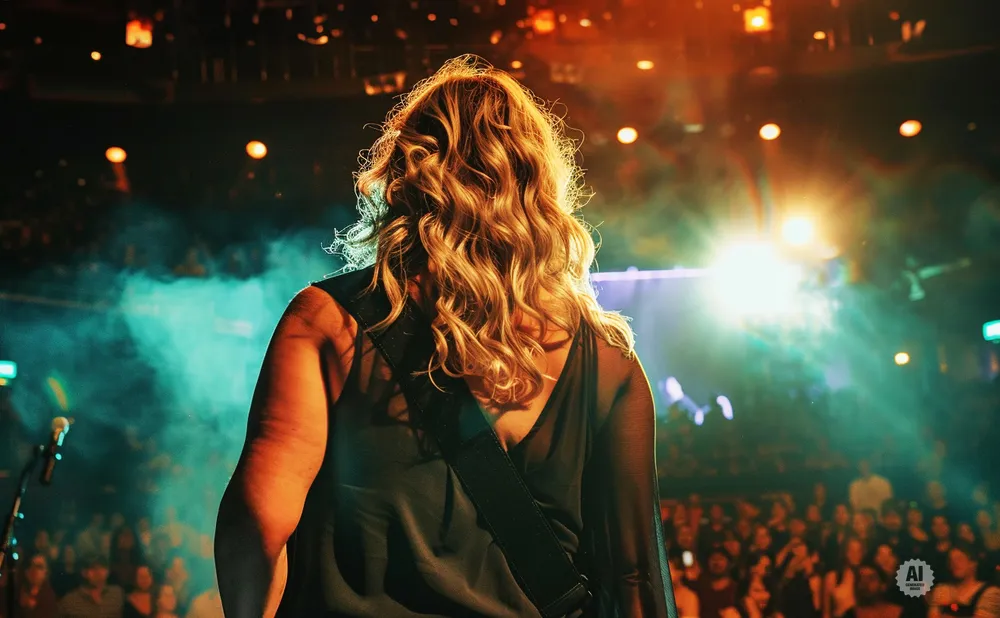 A woman with blonde hair faces a cheering crowd on a stage, bathed in dramatic lighting.