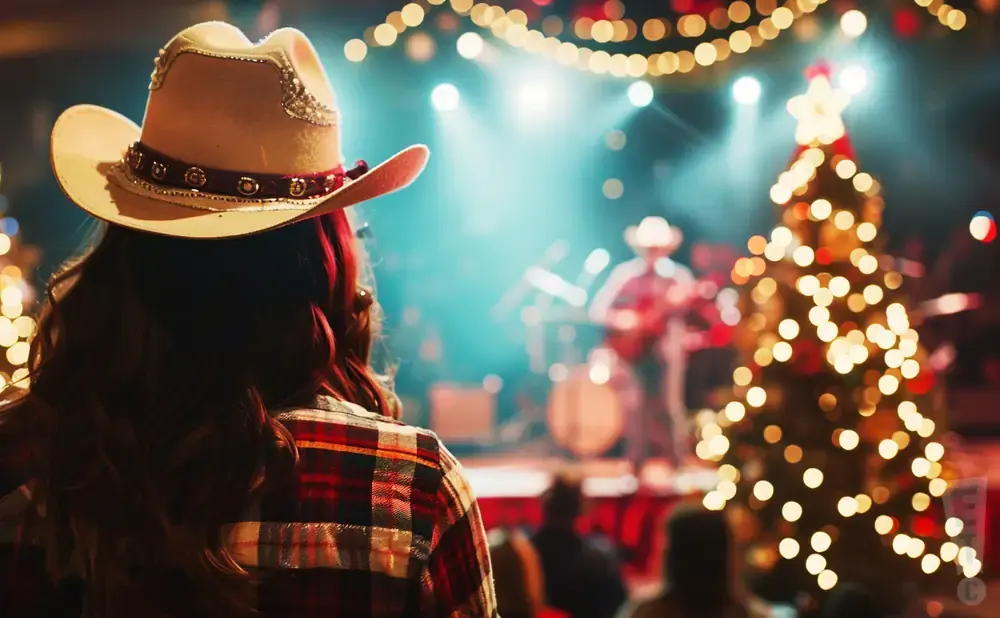 A woman in a cowboy hat watches a band play at a Christmas concert.