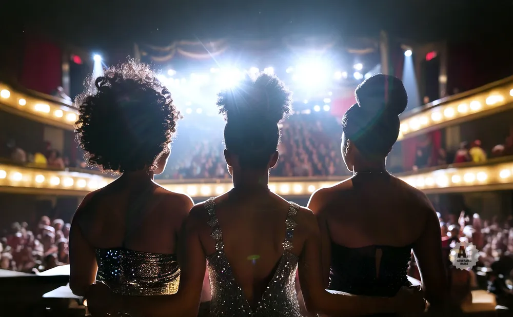Three women in sparkly dresses stand facing a bright stage and audience.