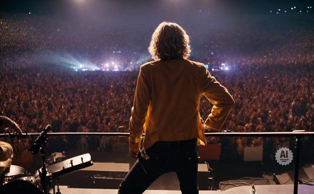 A musician with wavy blonde hair stands on a stage, back to the camera, facing a massive crowd at a concert.