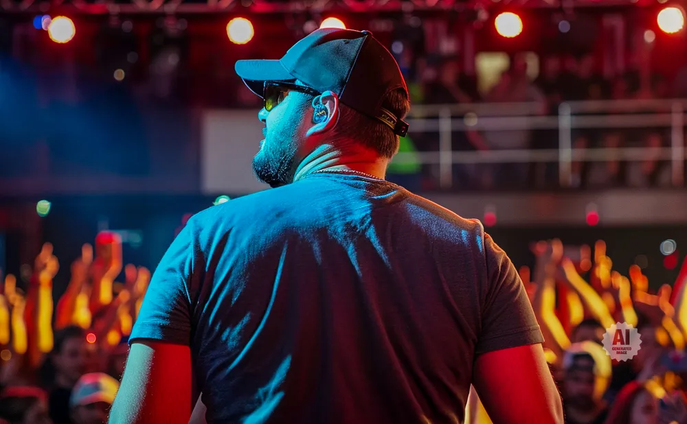 Man in a baseball cap and sunglasses on stage, facing away from the camera, with a cheering crowd in the background.