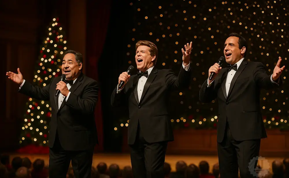 Three men in tuxedos sing into microphones on stage, with a Christmas tree and sparkling lights behind them.