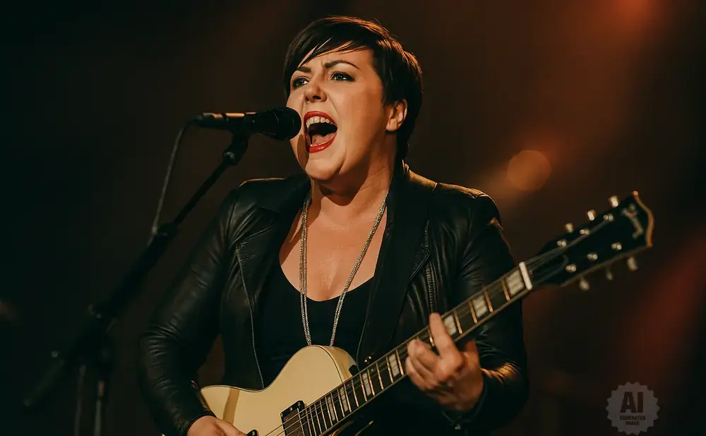 A woman with short dark hair and red lipstick sings into a microphone while playing a white electric guitar.
