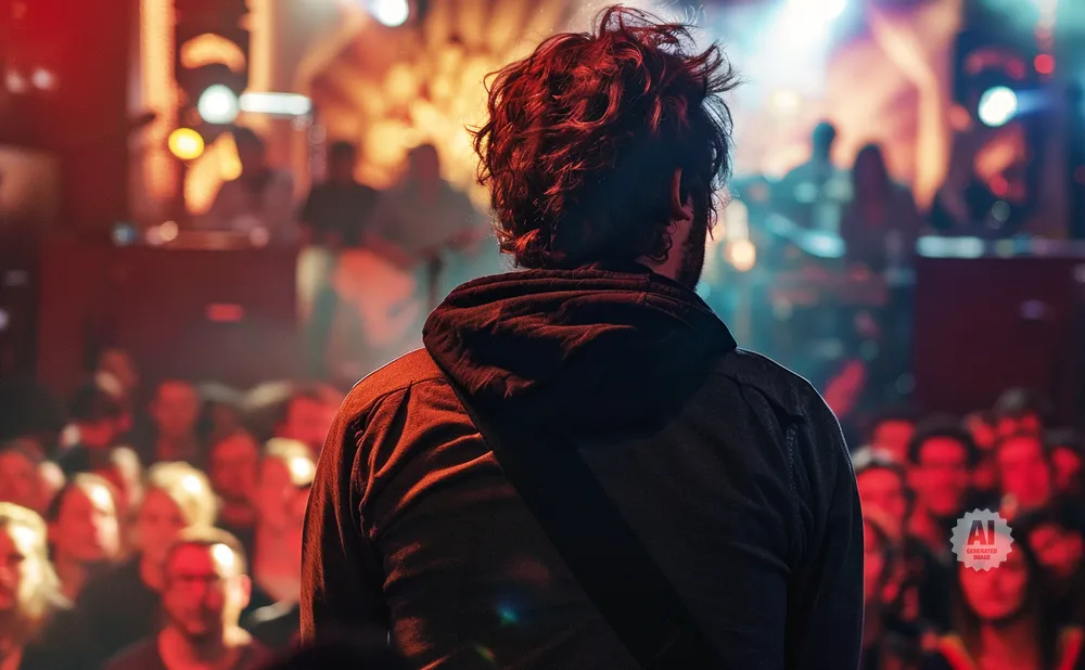 Man with messy red hair from behind watches a band perform on a stage with a blurred audience.