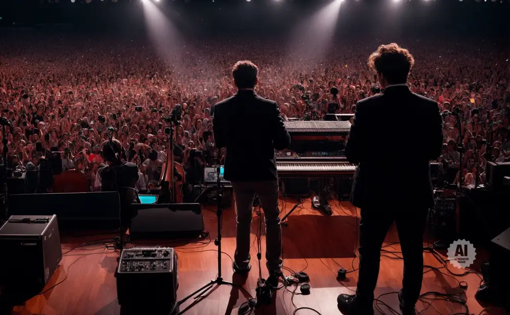 Two musicians stand on stage before a large, cheering crowd, facing a piano and band equipment.