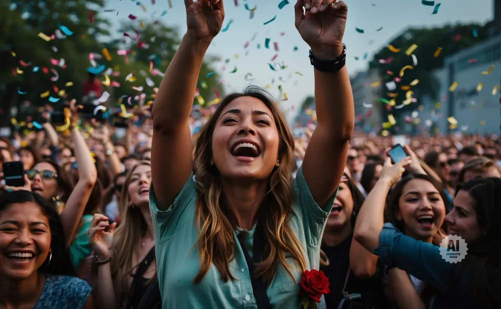 Woman in a teal shirt at a concert, arms raised, with confetti falling.