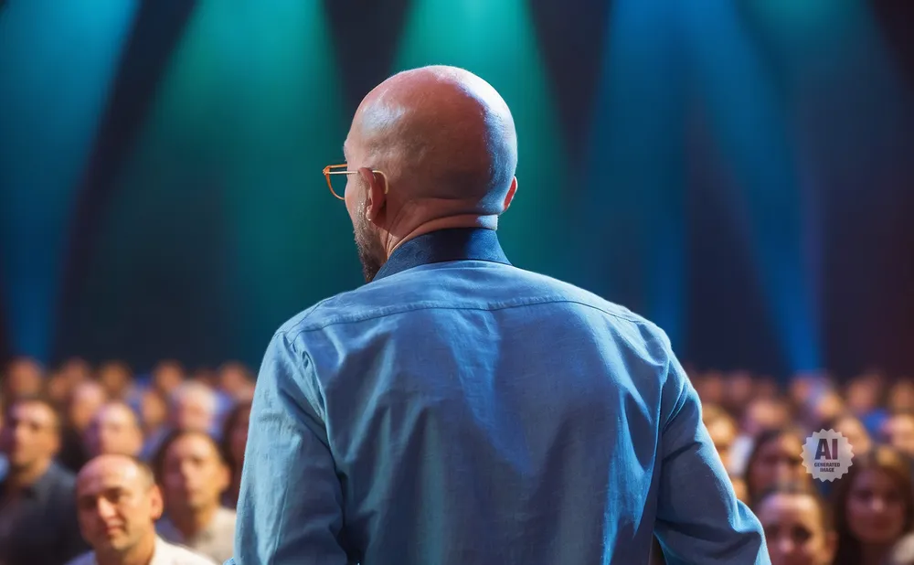 Bald man in a blue shirt giving a speech to a blurred audience under stage lights.