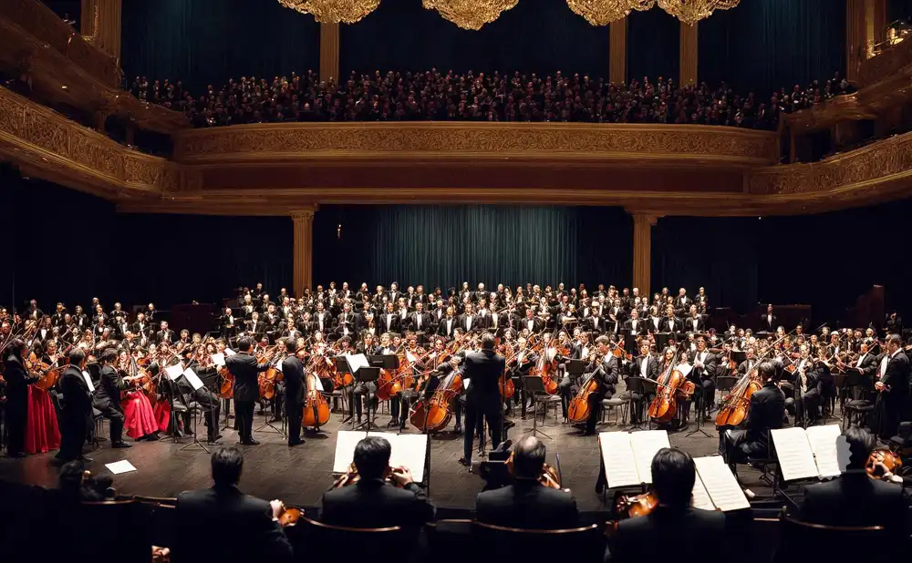 An orchestra and choir perform in a grand concert hall.