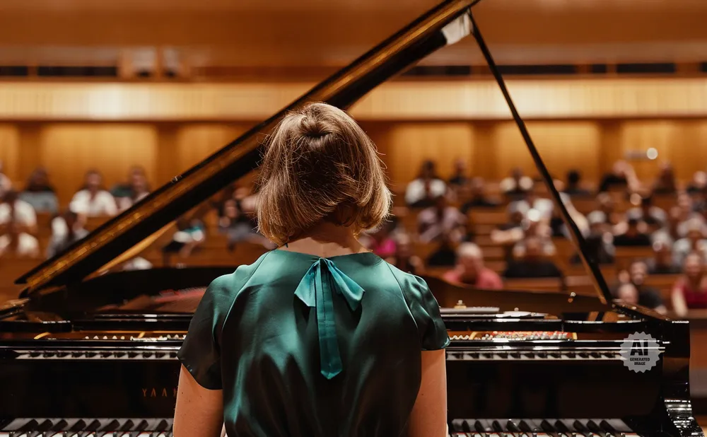 A pianist in a green dress faces a grand piano, with an audience in the blurred background.