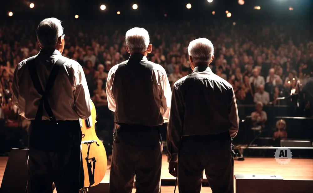 Three men stand on a stage in front of a large audience, with one holding a cello.