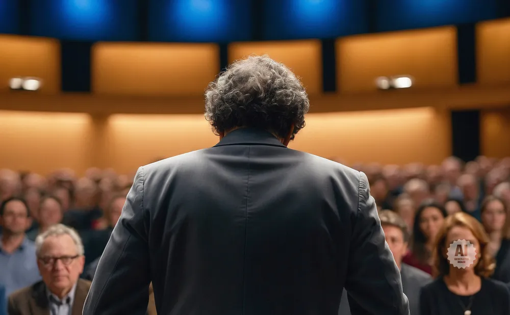 Man in suit speaking to an audience in a conference hall.