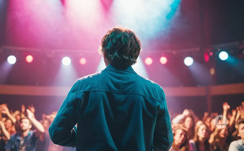 A man stands on a stage with his back to the camera, facing a cheering crowd.