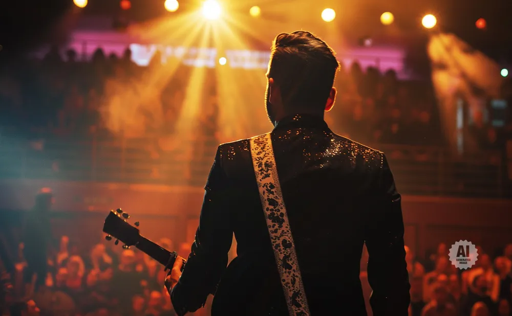 Musician in a sparkling jacket plays guitar on stage, bathed in spotlight, facing a cheering crowd.