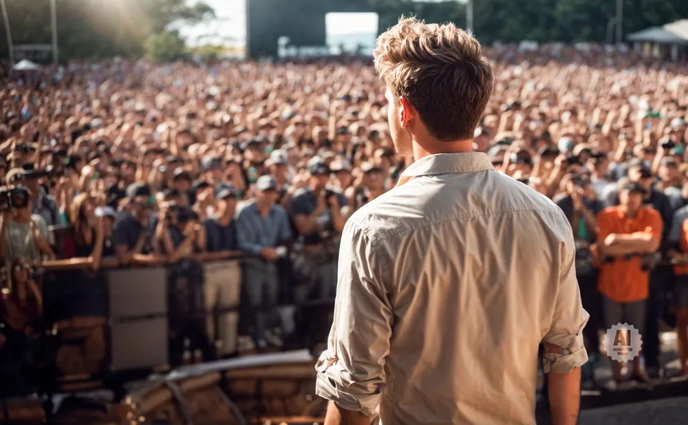 Man in a light collared shirt facing a large, blurred crowd at an outdoor event.