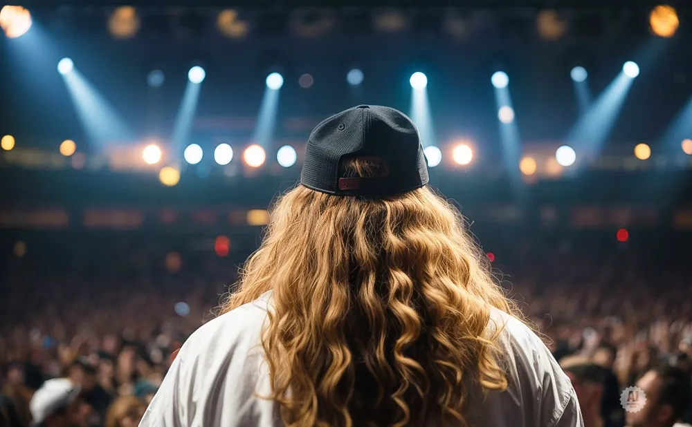 A person with long, wavy blonde hair and a black baseball cap faces away from the camera on a dimly lit stage, with a blurred audience in the background.