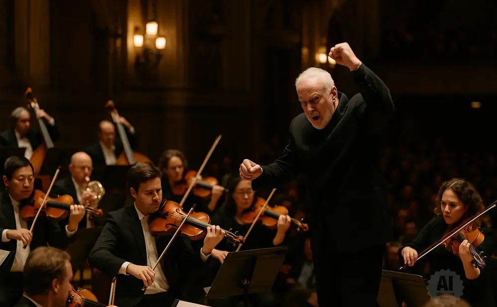 An orchestra conductor with white hair leads musicians playing violins, cellos, and other instruments.