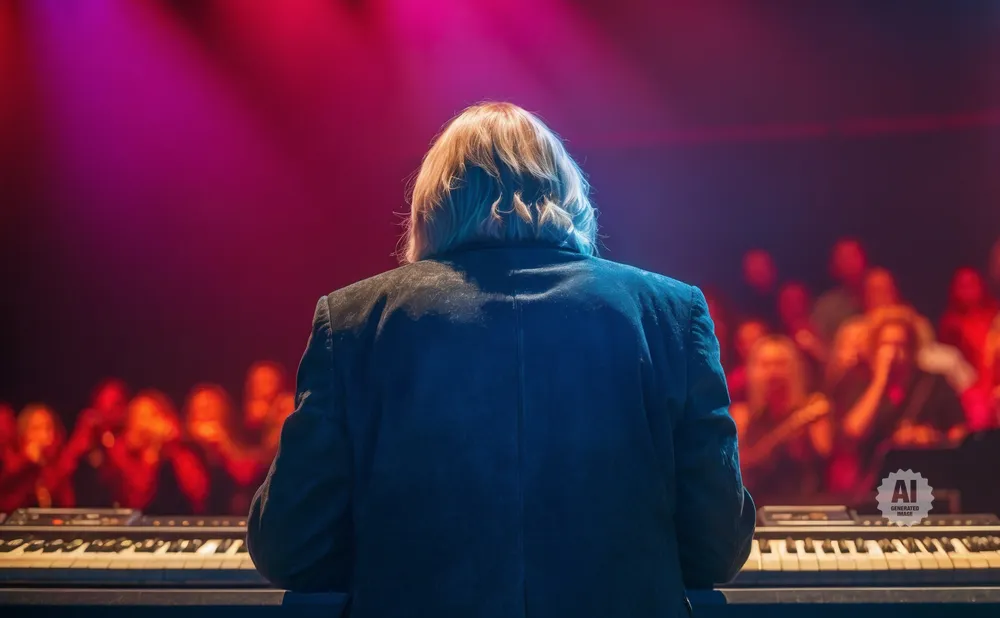 A keyboardist plays on stage with a blurred audience and vibrant pink lighting.