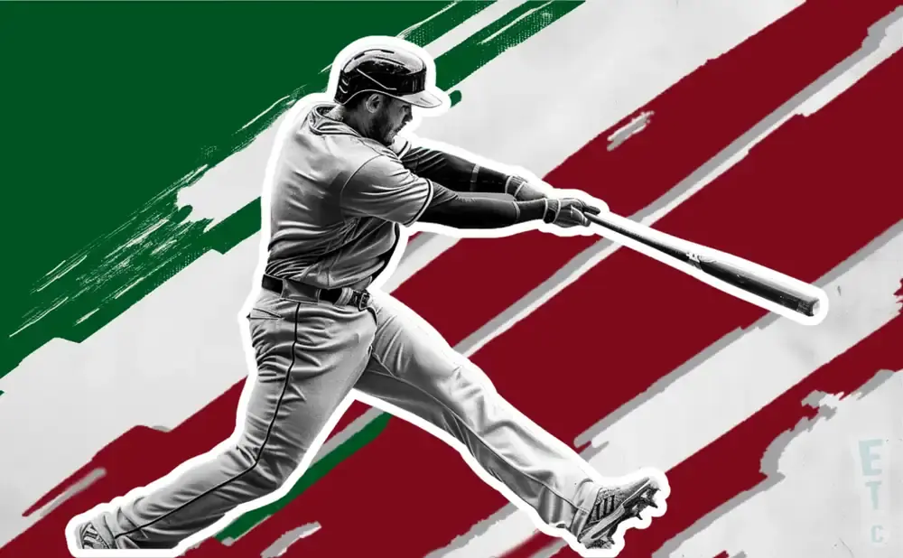A baseball player swings a bat against a background with diagonal red and green brush strokes.