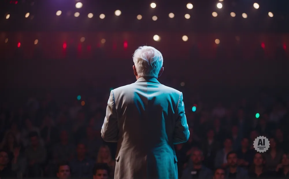 An older man in a suit speaks to a seated audience under stage lights.