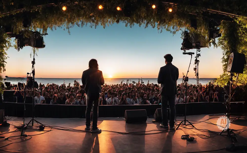 Two performers on stage face a large crowd at sunset by the ocean, with lights and greenery overhead.