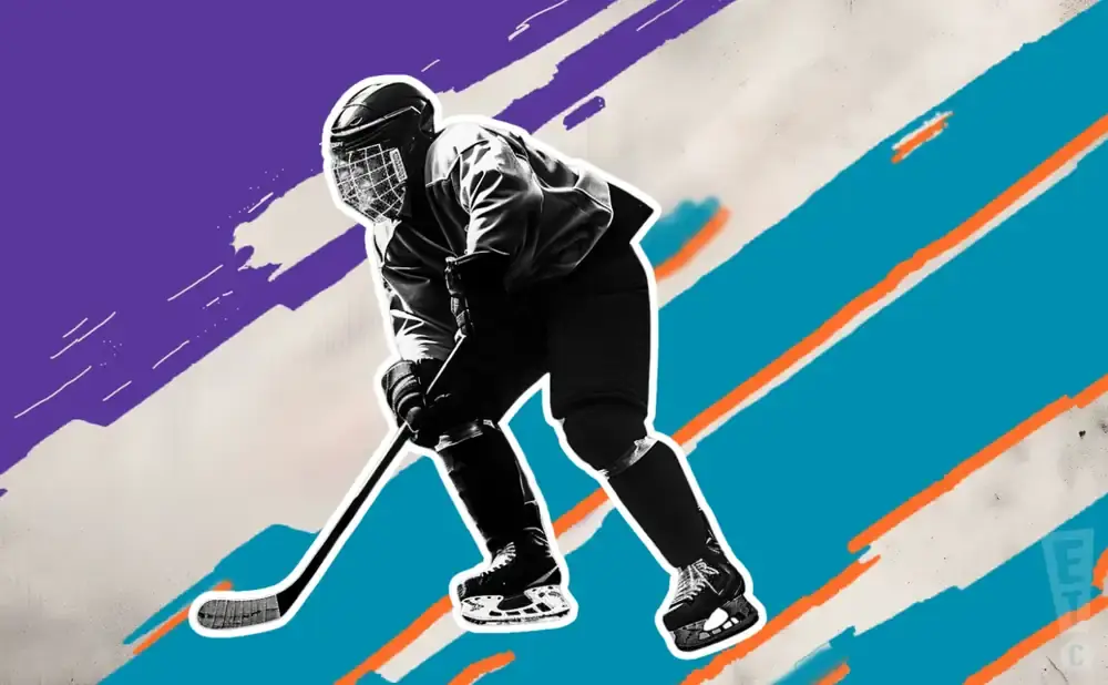 A hockey player in a mask and full gear skates, with colorful abstract streaks in the background.