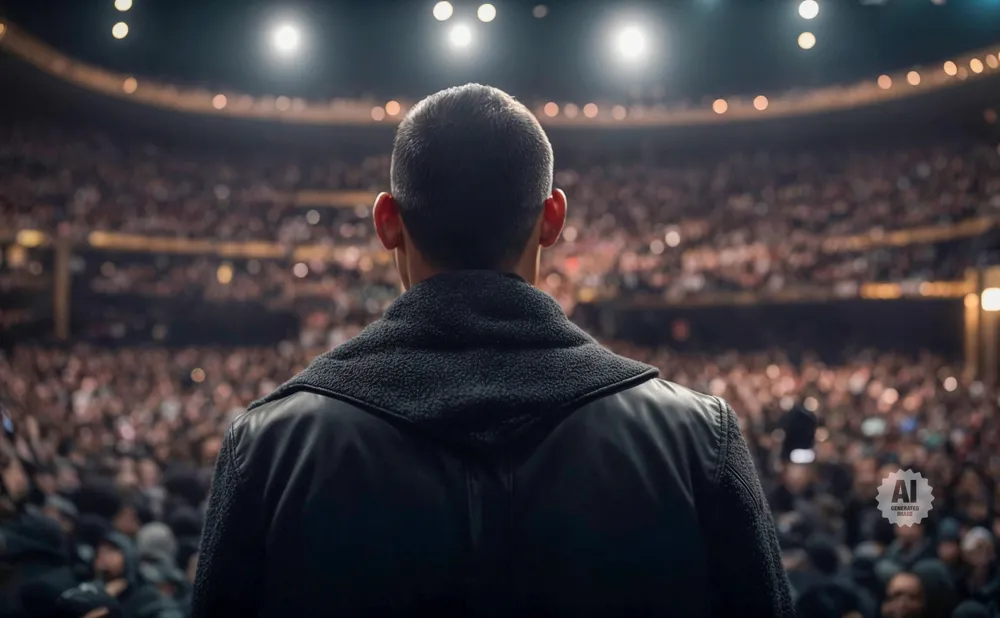 Man facing a large, blurred audience in a stadium, illuminated by overhead lights.