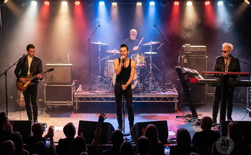 Band performing live music on stage with singer, guitarist, keyboardist, and drummer.