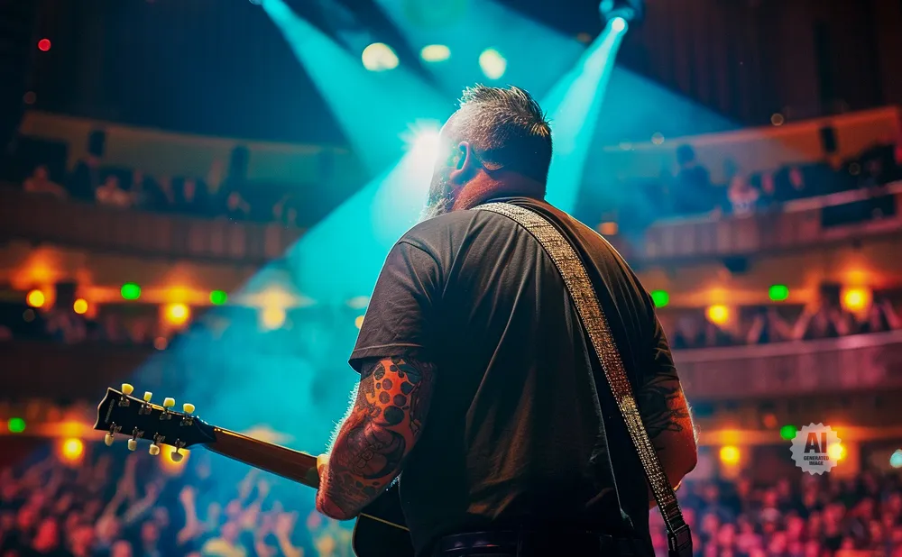 Guitarist with tattoos plays on a brightly lit stage before a cheering audience.